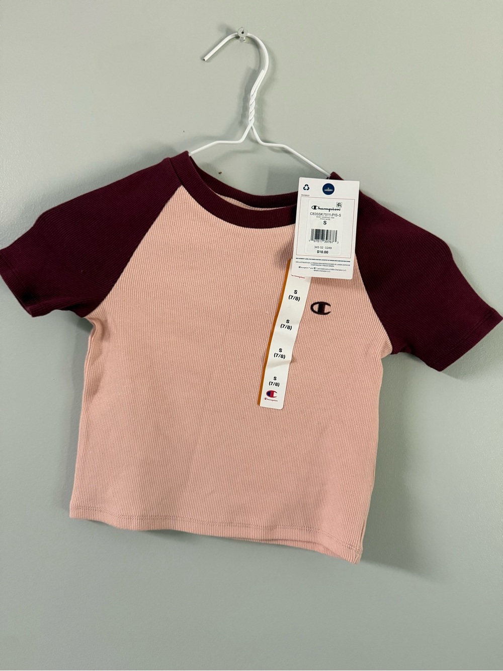 Champion Pink Tee with Burgundy Raglan Sleeves